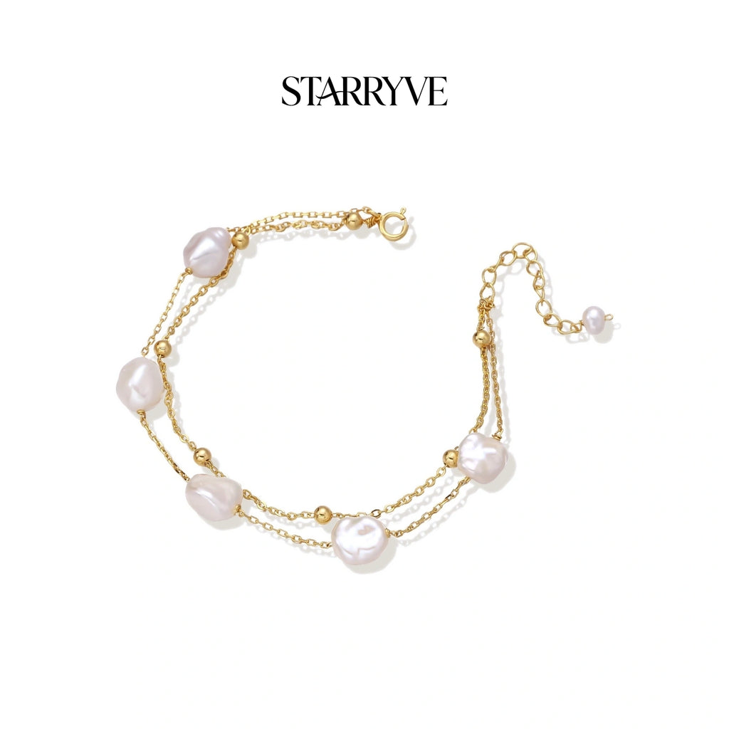 Baroque pearl layered bracelet with double gold chain and five baroque pearls in 18K gold vermeil
