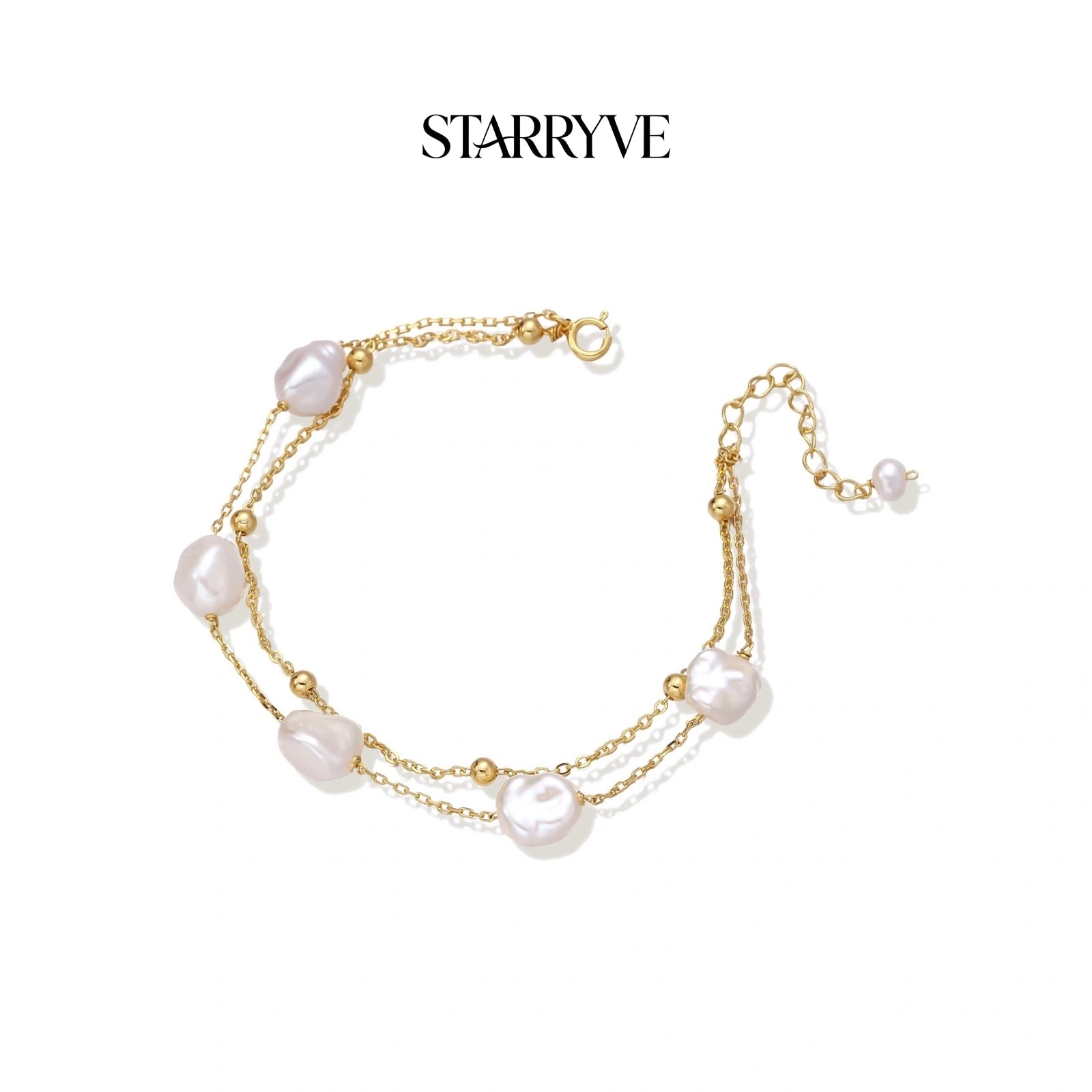 Baroque pearl layered bracelet with double gold chain and five baroque pearls in 18K gold vermeil