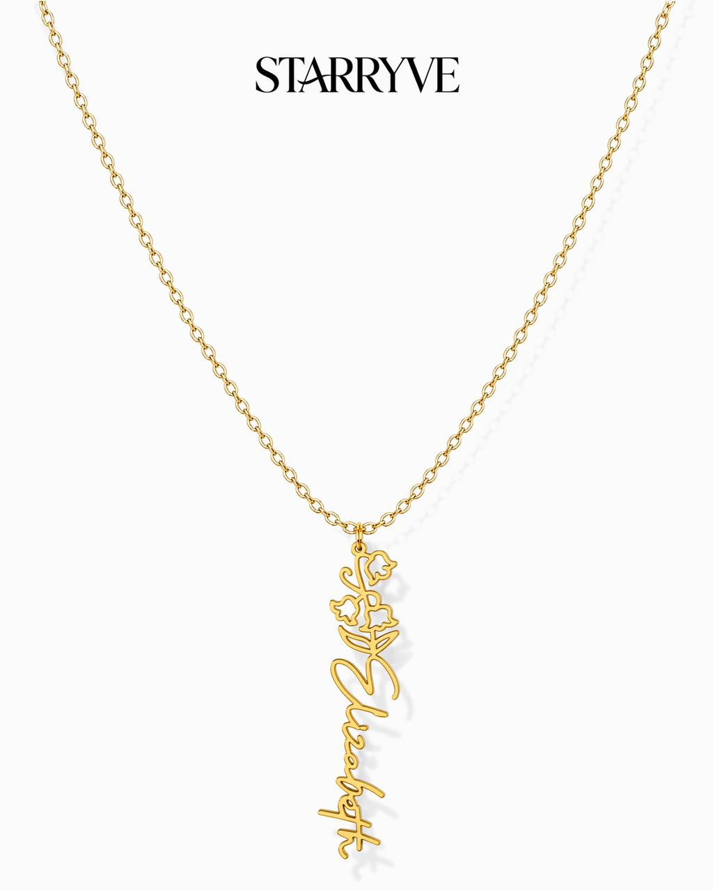 Gold flower name necklace with a birth flower charm and cursive name pendant on a fine chain