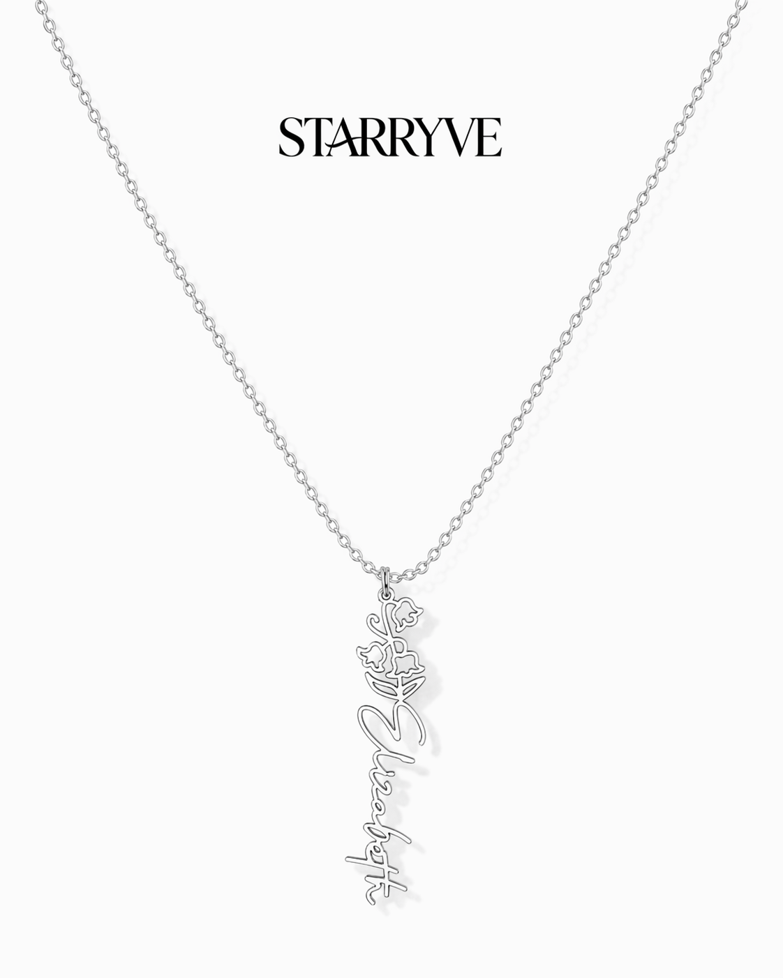 Silver flower name necklace with a birth flower charm and cursive name pendant on a fine chain