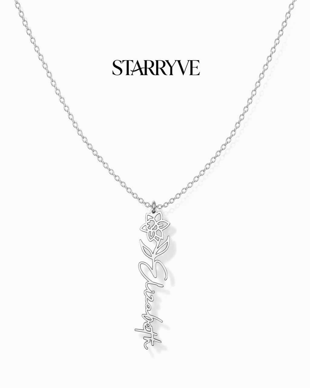 Silver flower name necklace with a birth flower charm and cursive name pendant on a fine chain