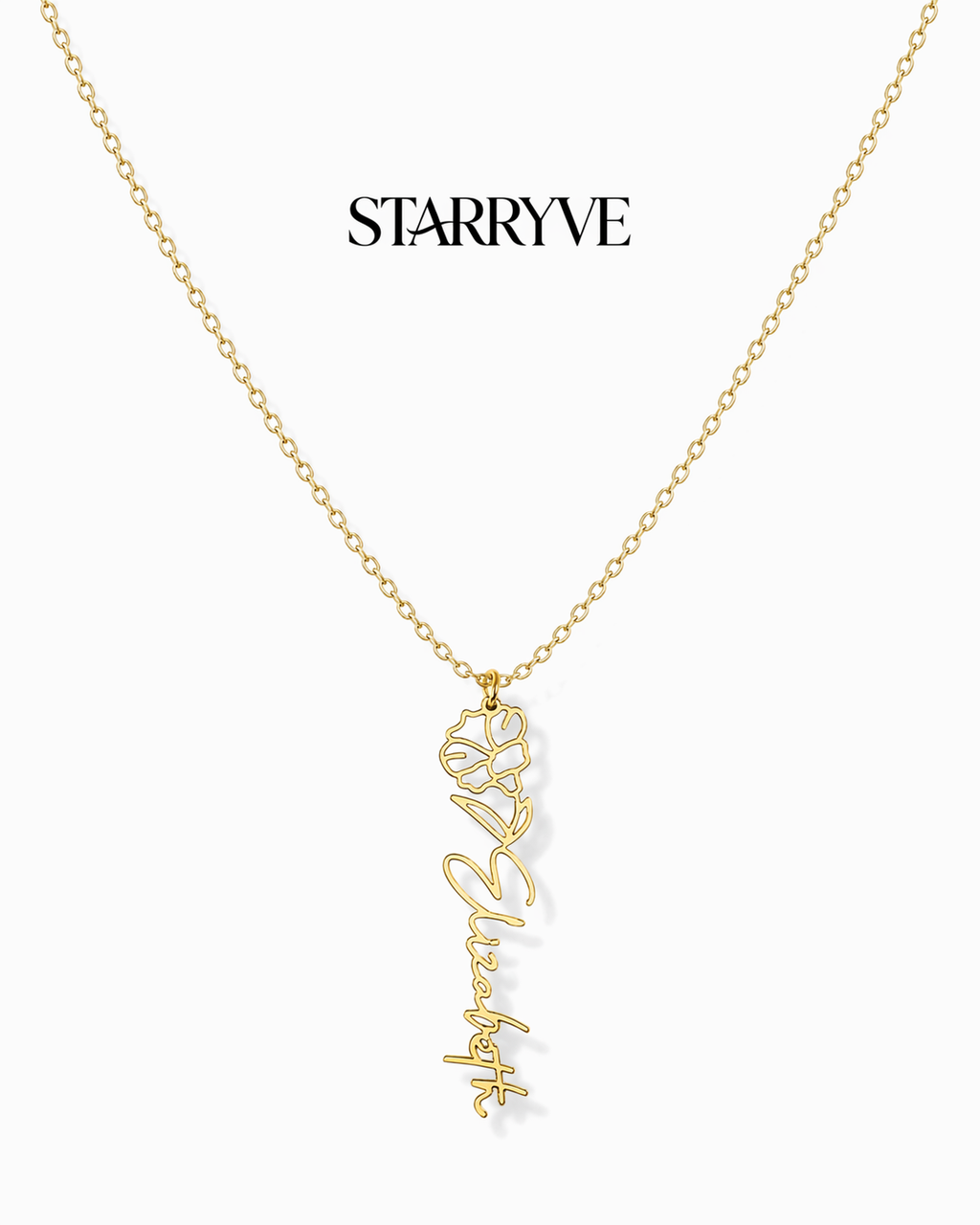 Silver flower name necklace with a birth flower charm and cursive name pendant on a fine chain