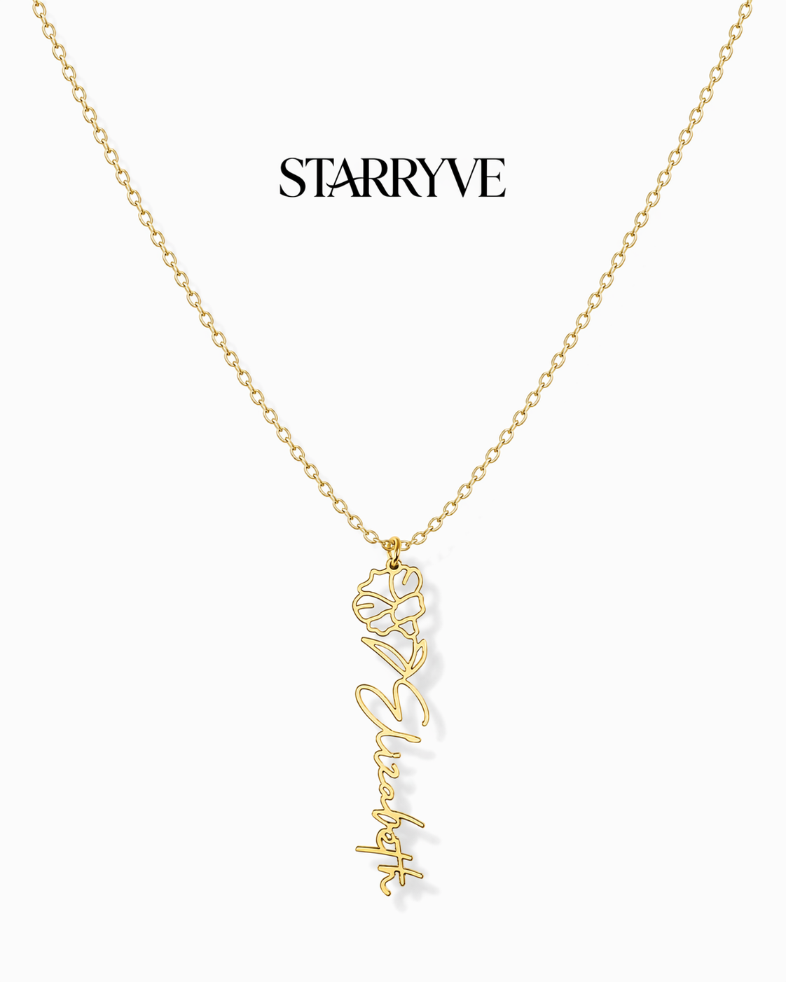 Silver flower name necklace with a birth flower charm and cursive name pendant on a fine chain