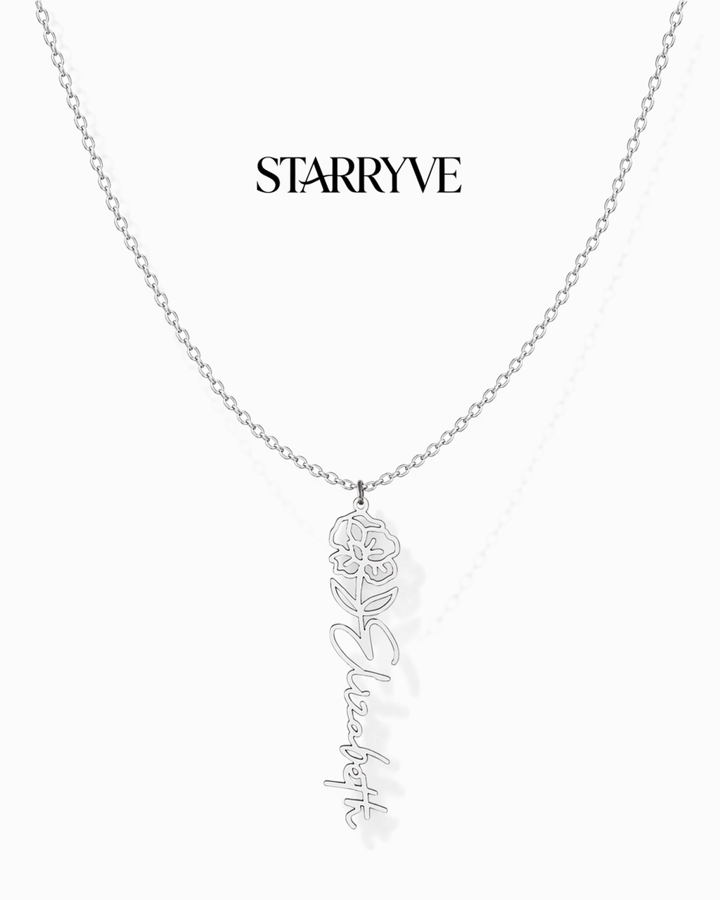 Silver flower name necklace with a birth flower charm and cursive name pendant on a fine chain