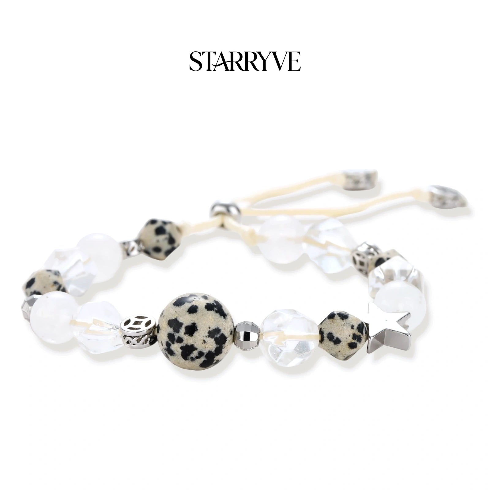 Cosmic dalmatian bracelet with spotted jasper and clear quartz beads