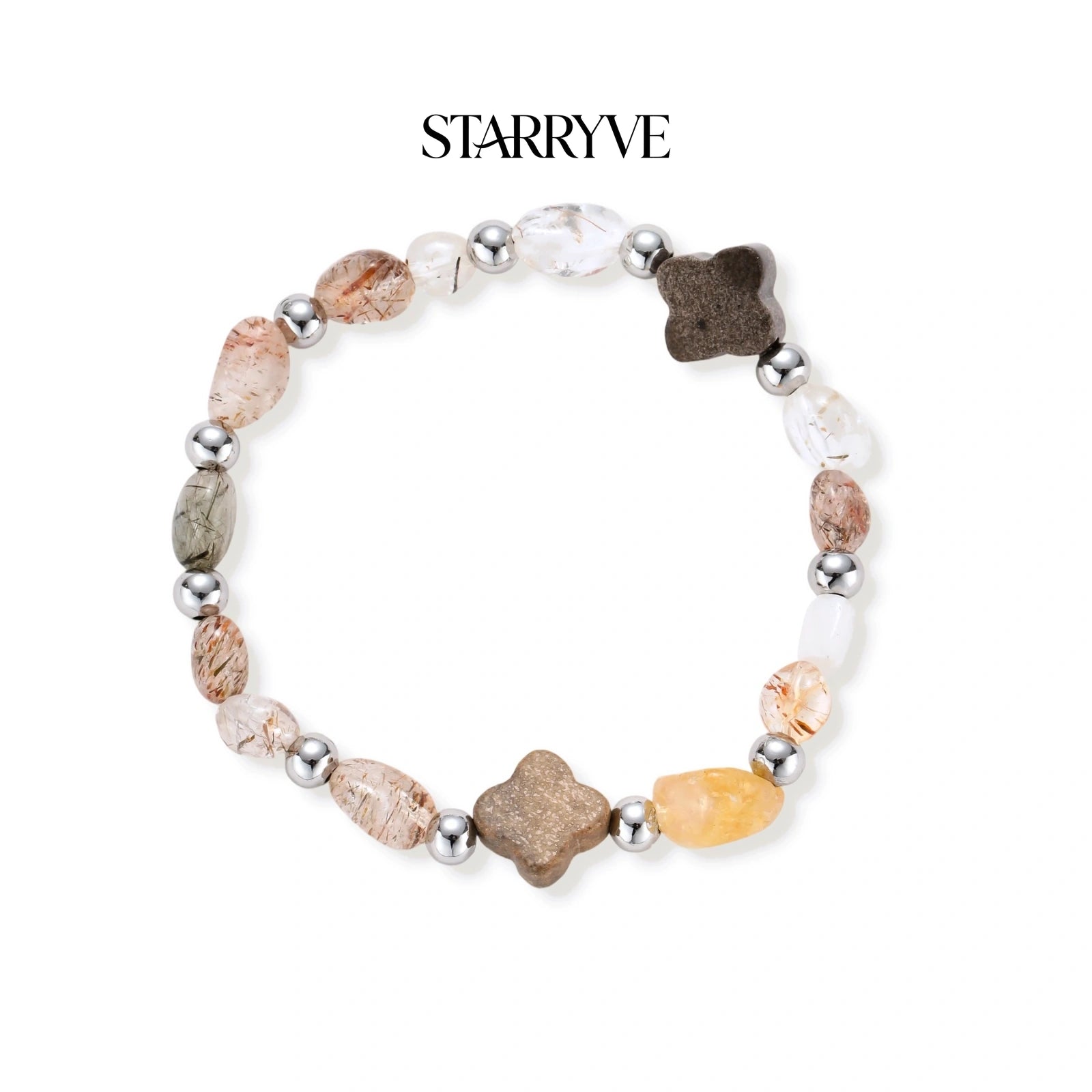 Mixed-stone bracelet with coffee calcite quatrefoils, citrine nugget, and quartz beads