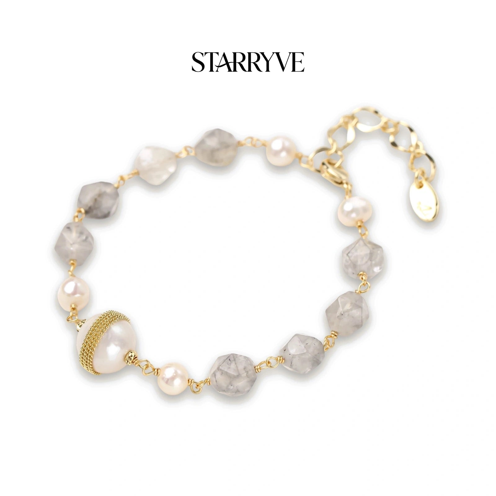 Baroque pearl crystal bracelet with grey gemstone beads and a gold coil-wrapped pearl