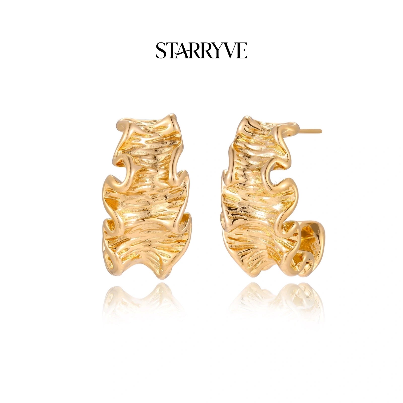 Wave Flow Hoop Earrings - Gold Ruffled Texture with STARRYVE logo