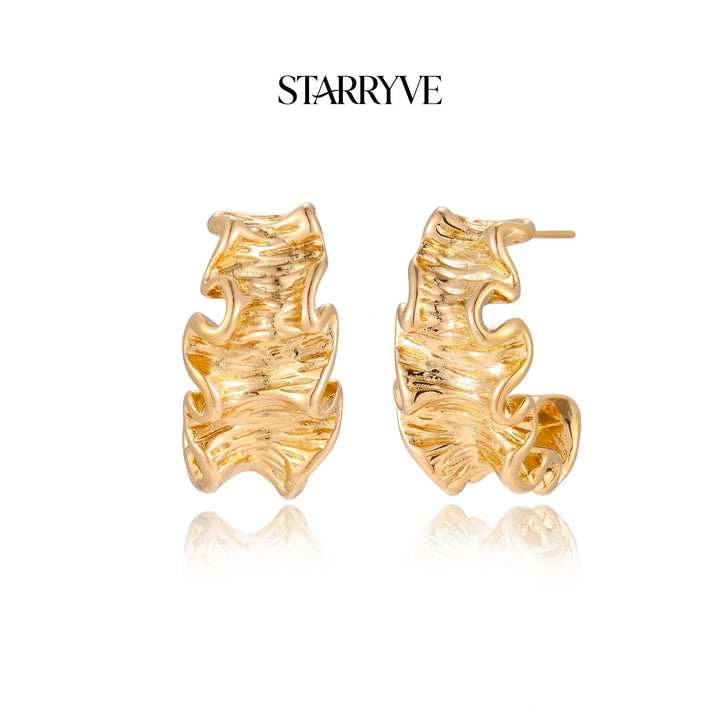 Wave Flow Hoop Earrings - Gold Ruffled Texture with STARRYVE logo