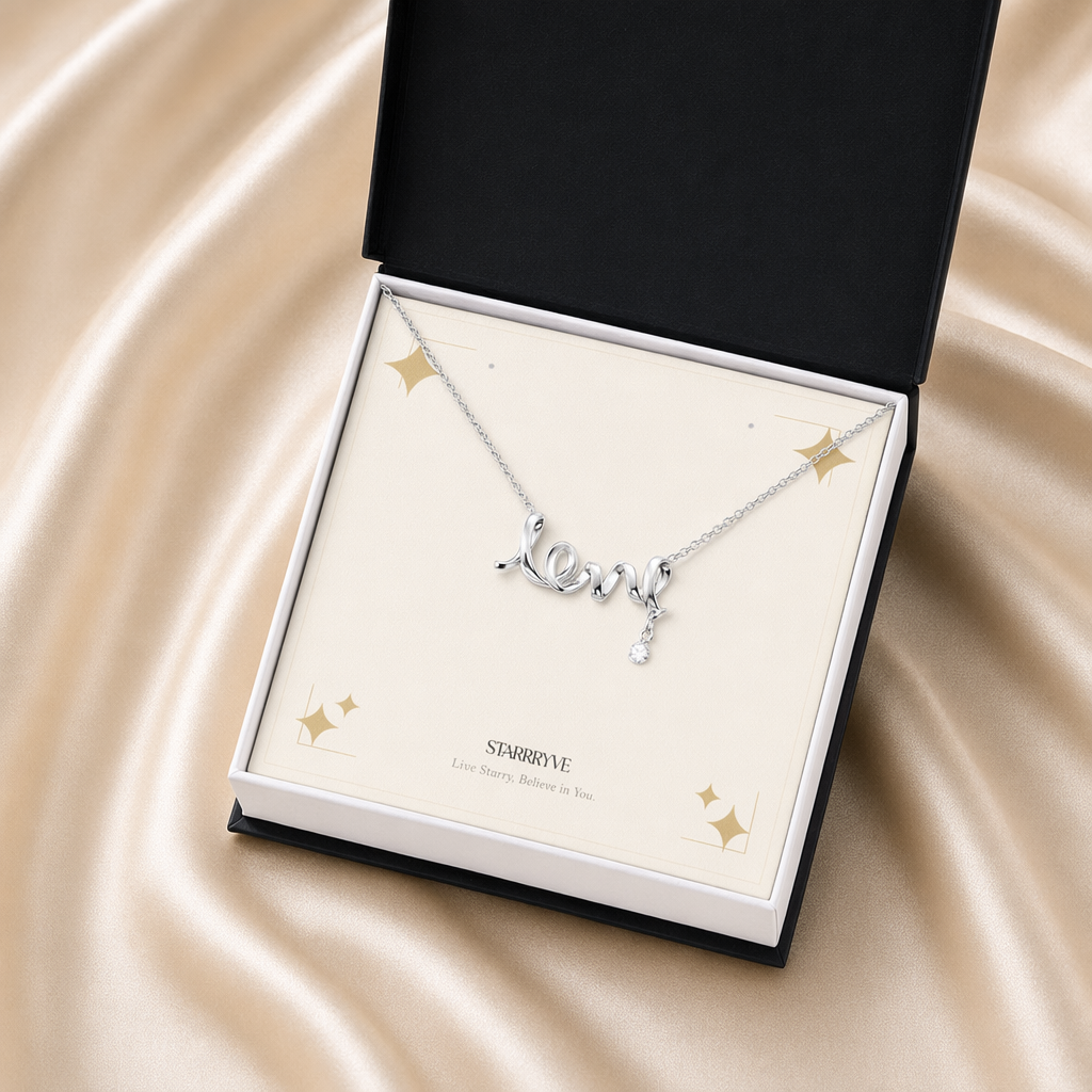 Silver scripted love necklace in a black standard gift box