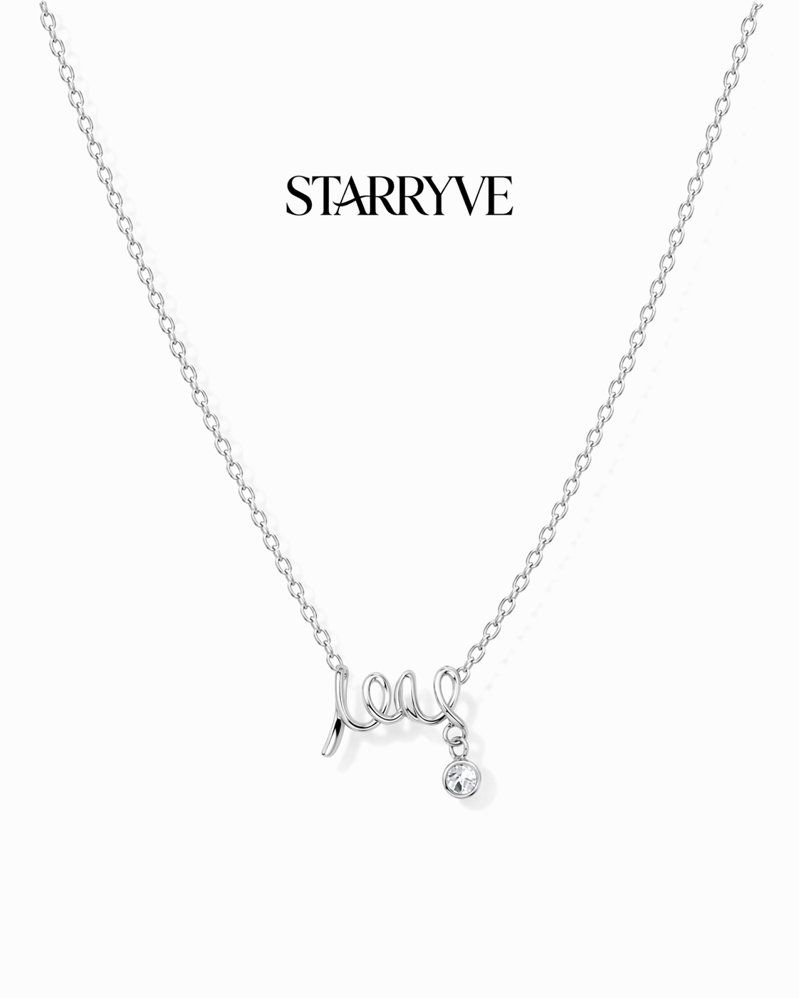 Silver scripted love necklace with a cursive love design and crystal drop