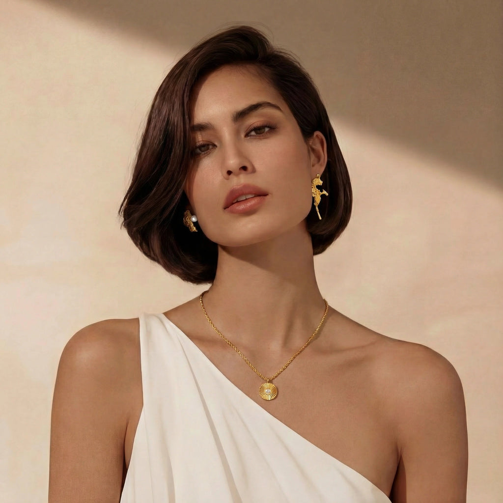 Model wearing Coral Reef Asymmetrical Studs