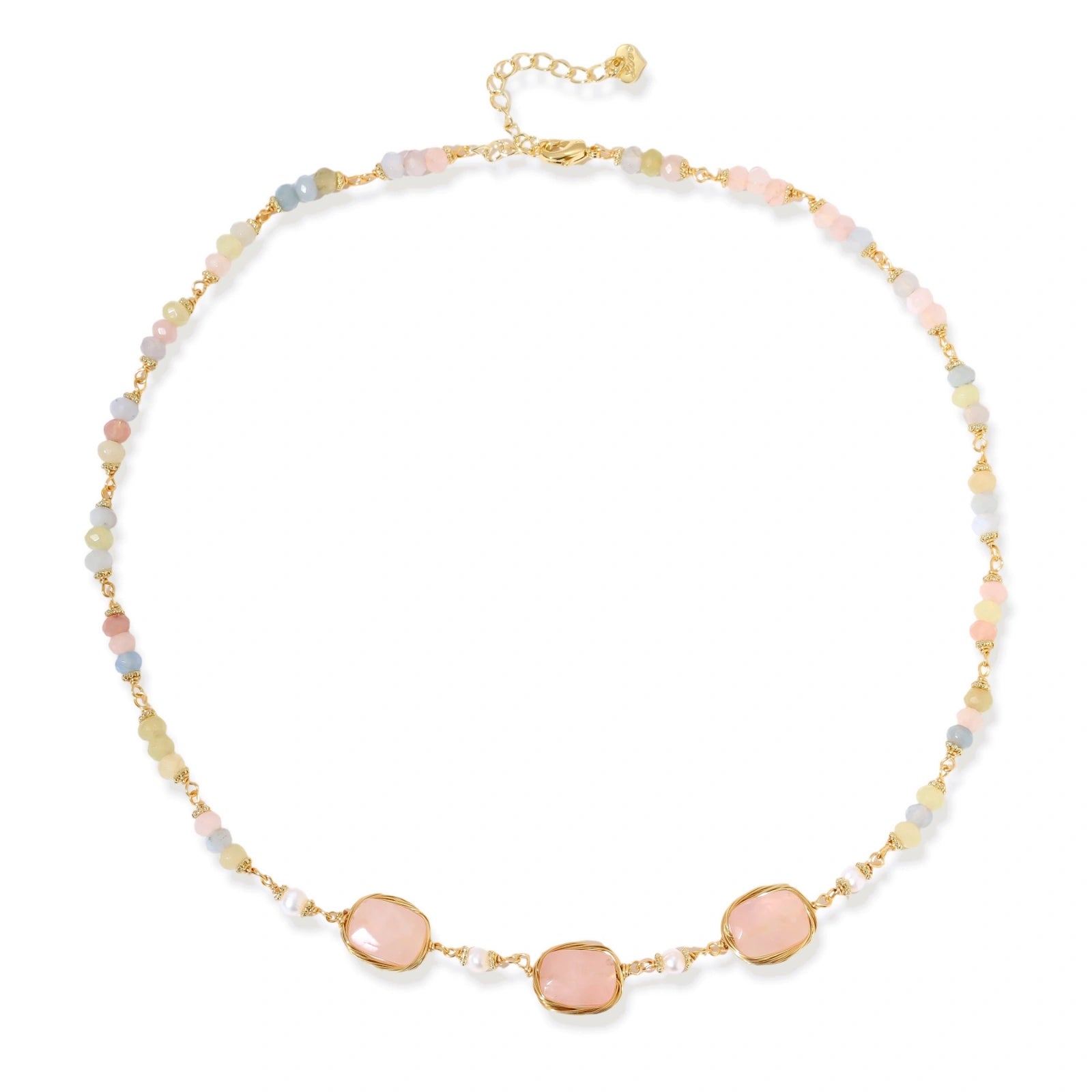 Woman wearing the garden dreams healing necklace at the neckline
