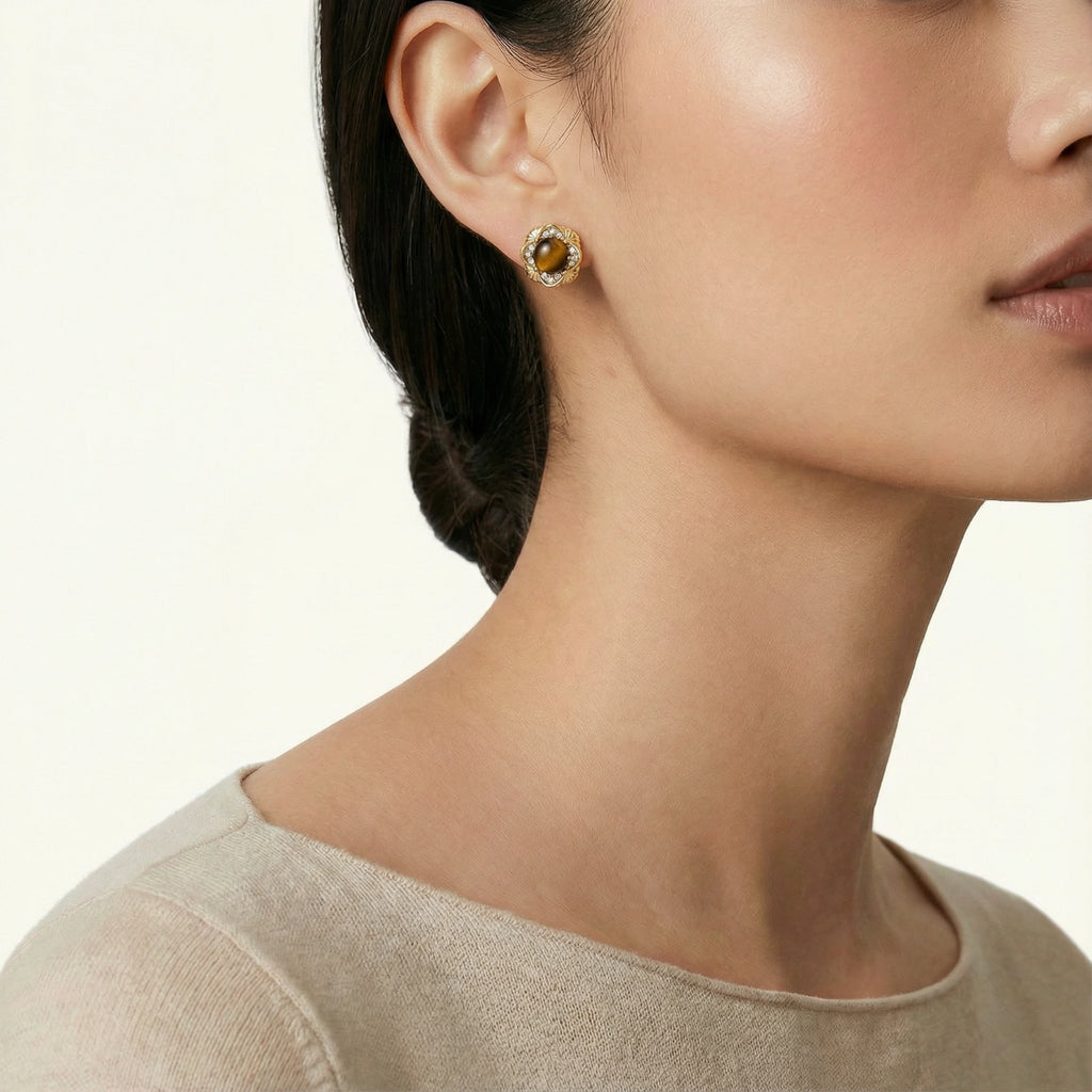 Model wearing Golden Empress Tiger's Eye Studs