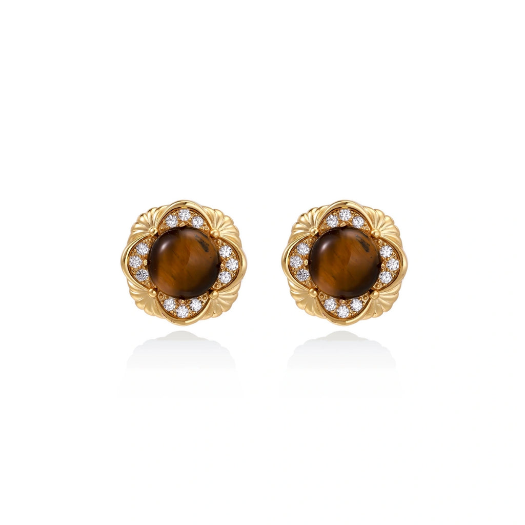Model wearing Golden Empress Tiger's Eye Studs