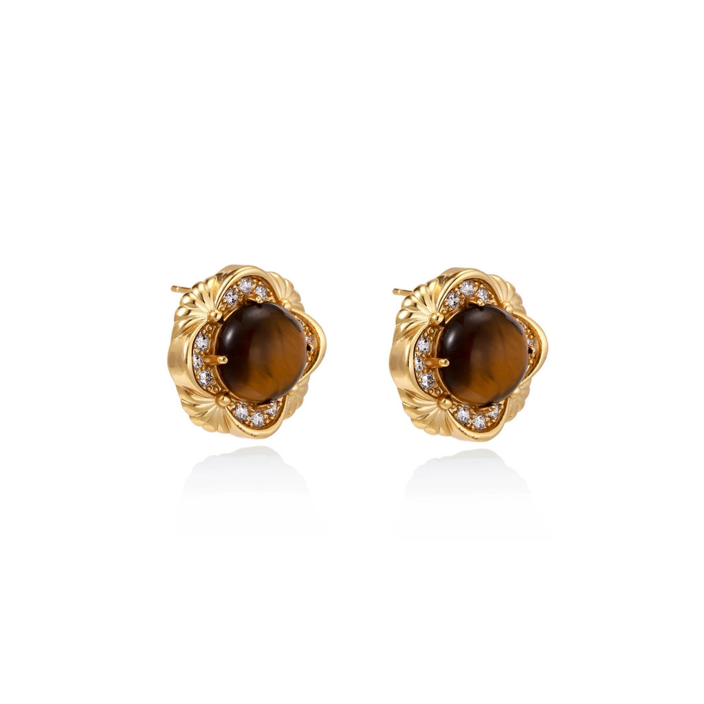 Model wearing Golden Empress Tiger's Eye Studs