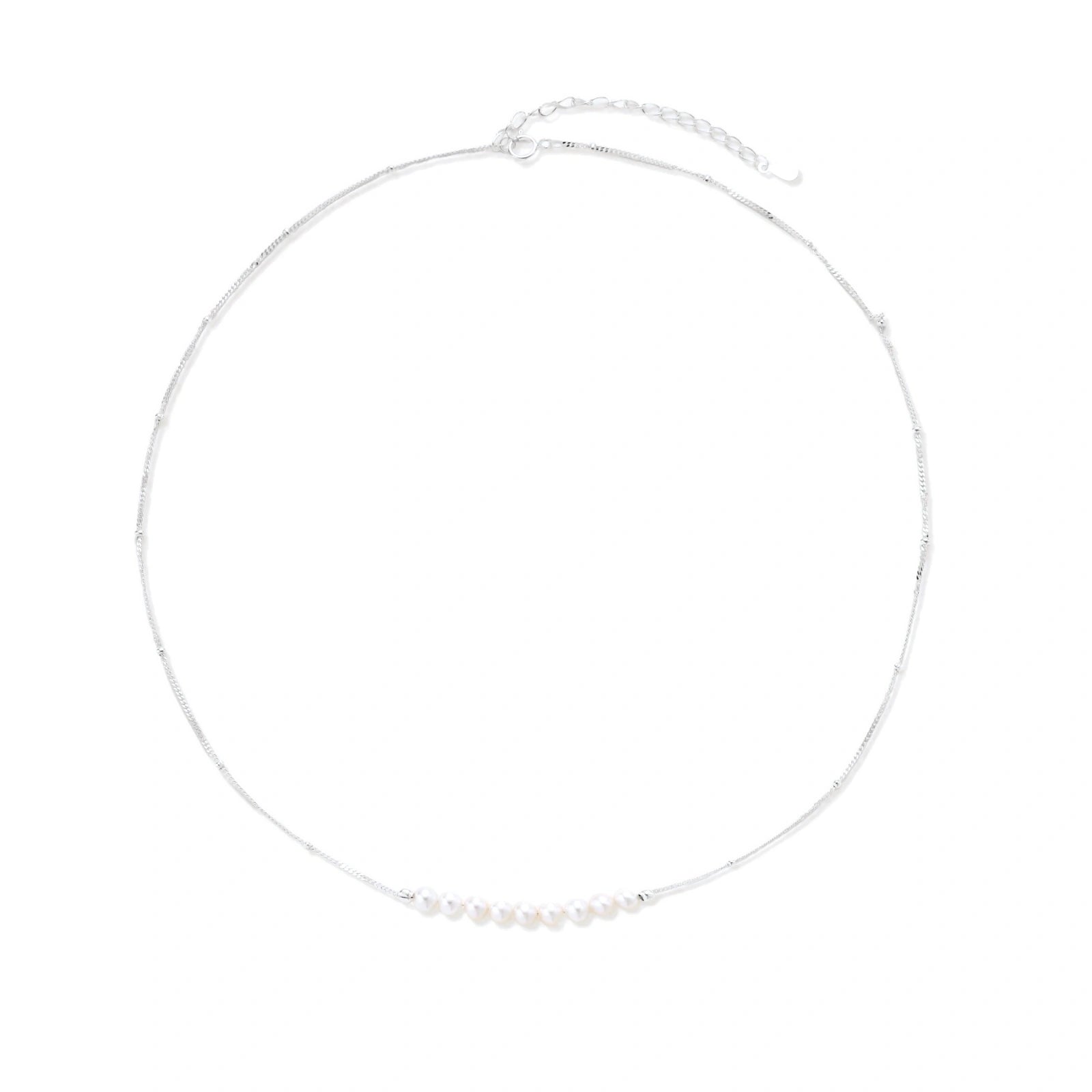Model wearing Luna Pearl Arc Necklace