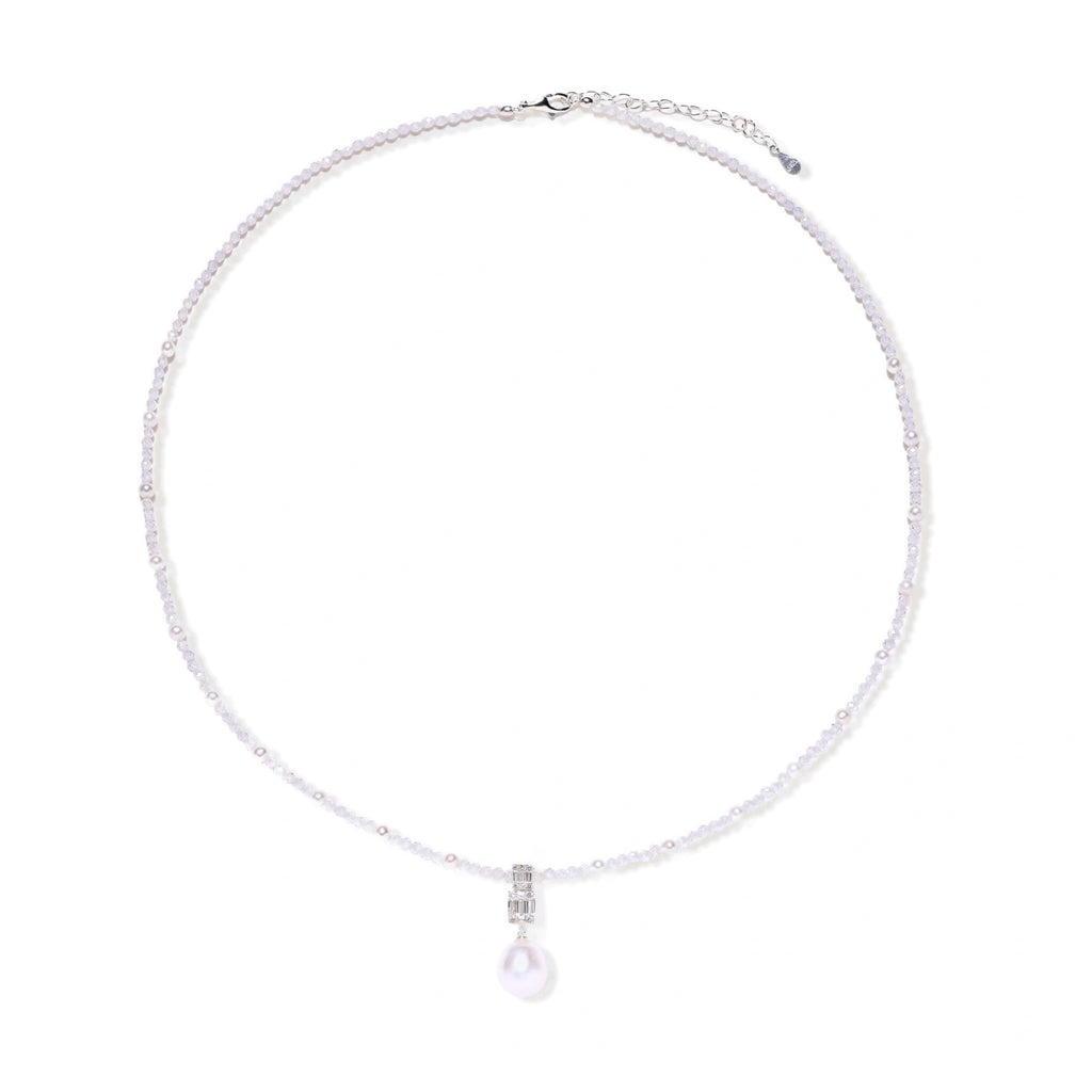 Model wearing Lavender Dreams Pearl Necklace