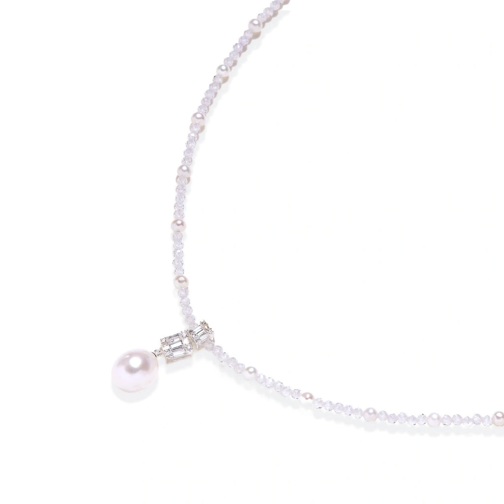 Model wearing Lavender Dreams Pearl Necklace