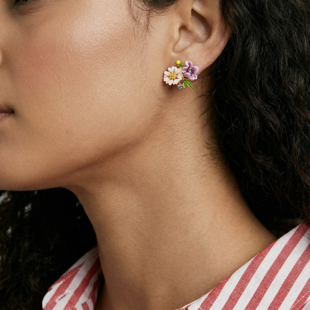 Model wearing Wildflower Garden Stud Earrings - Enamel Floral Design
