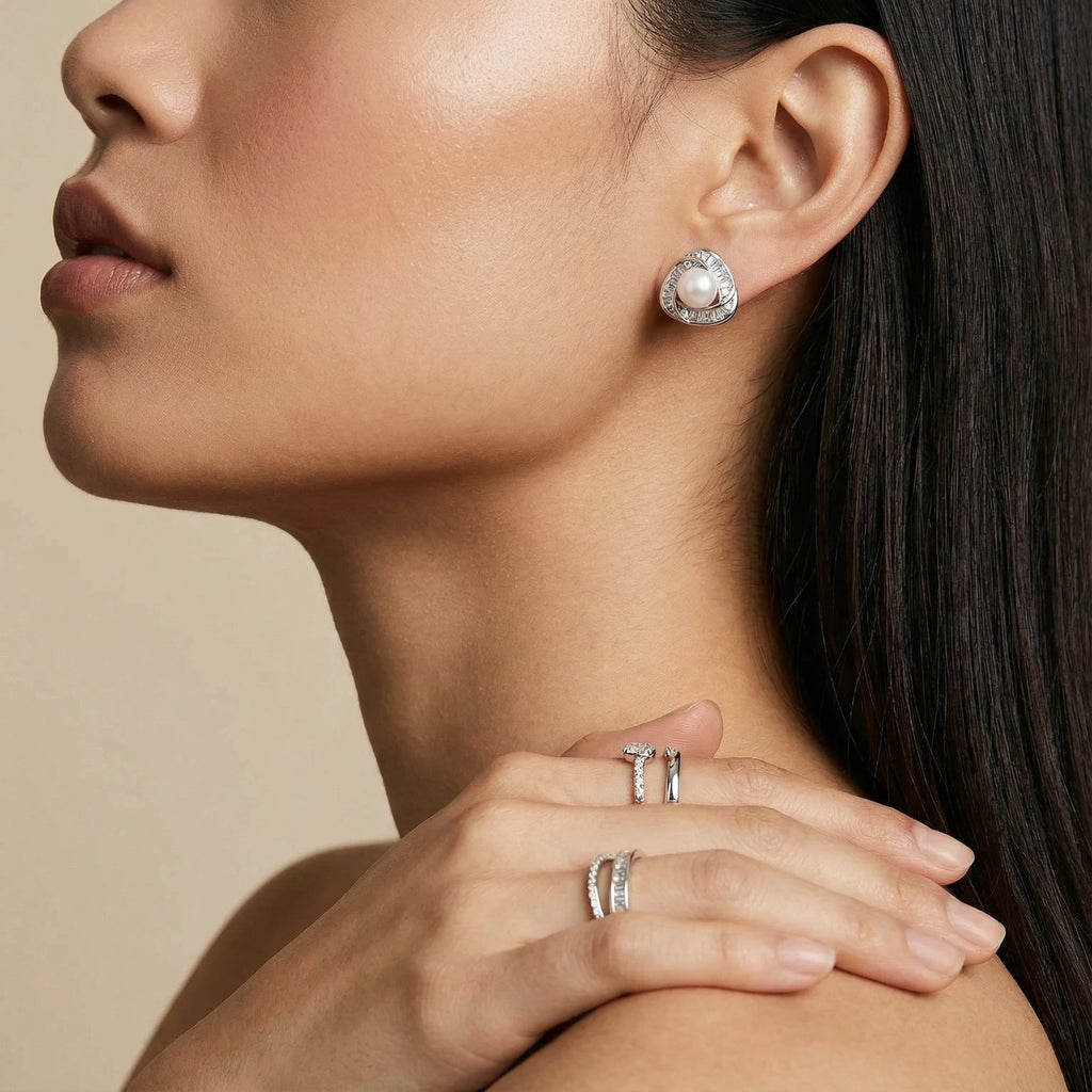 Model wearing Luminous Pearl Triangles