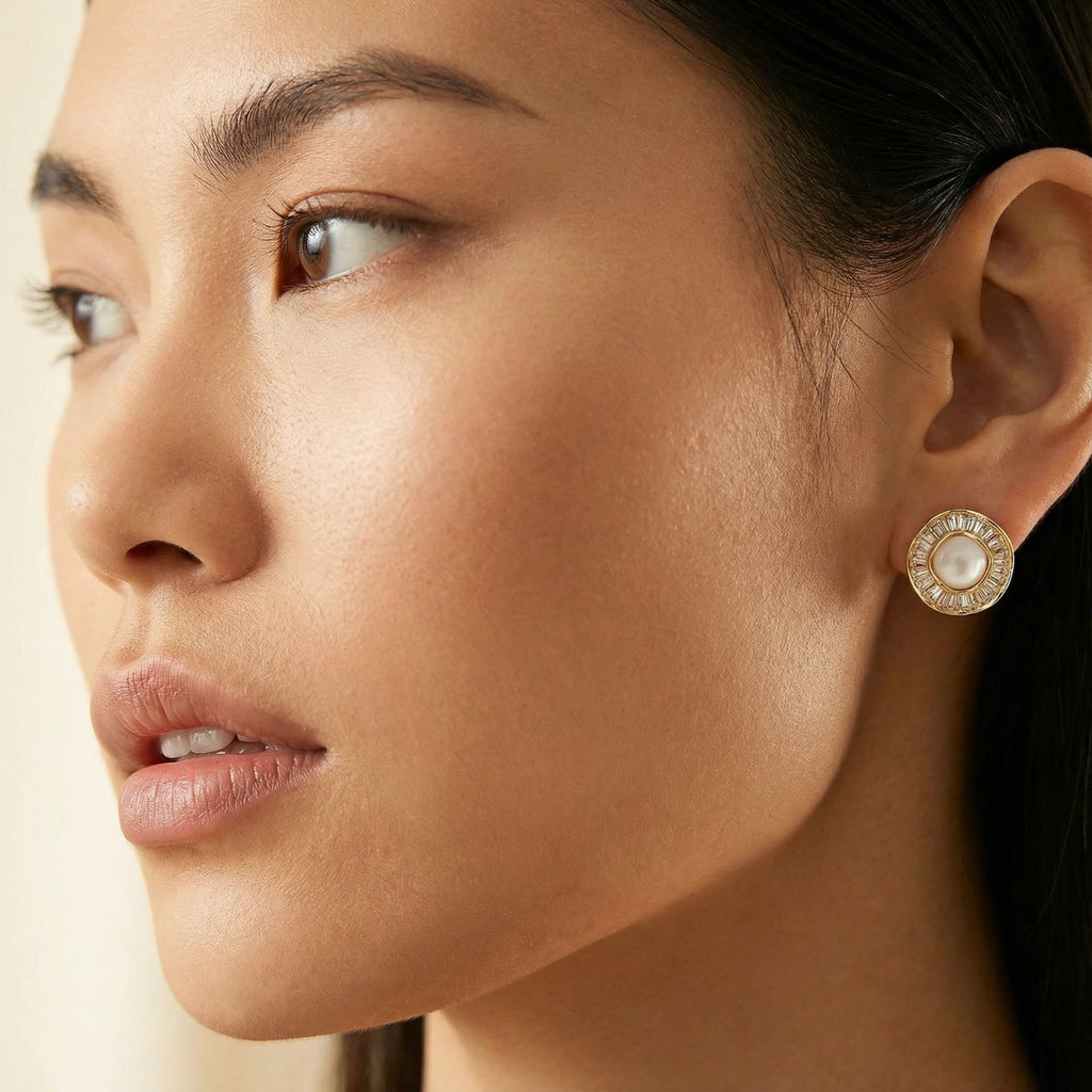 Model wearing Sunburst Pearl Studs