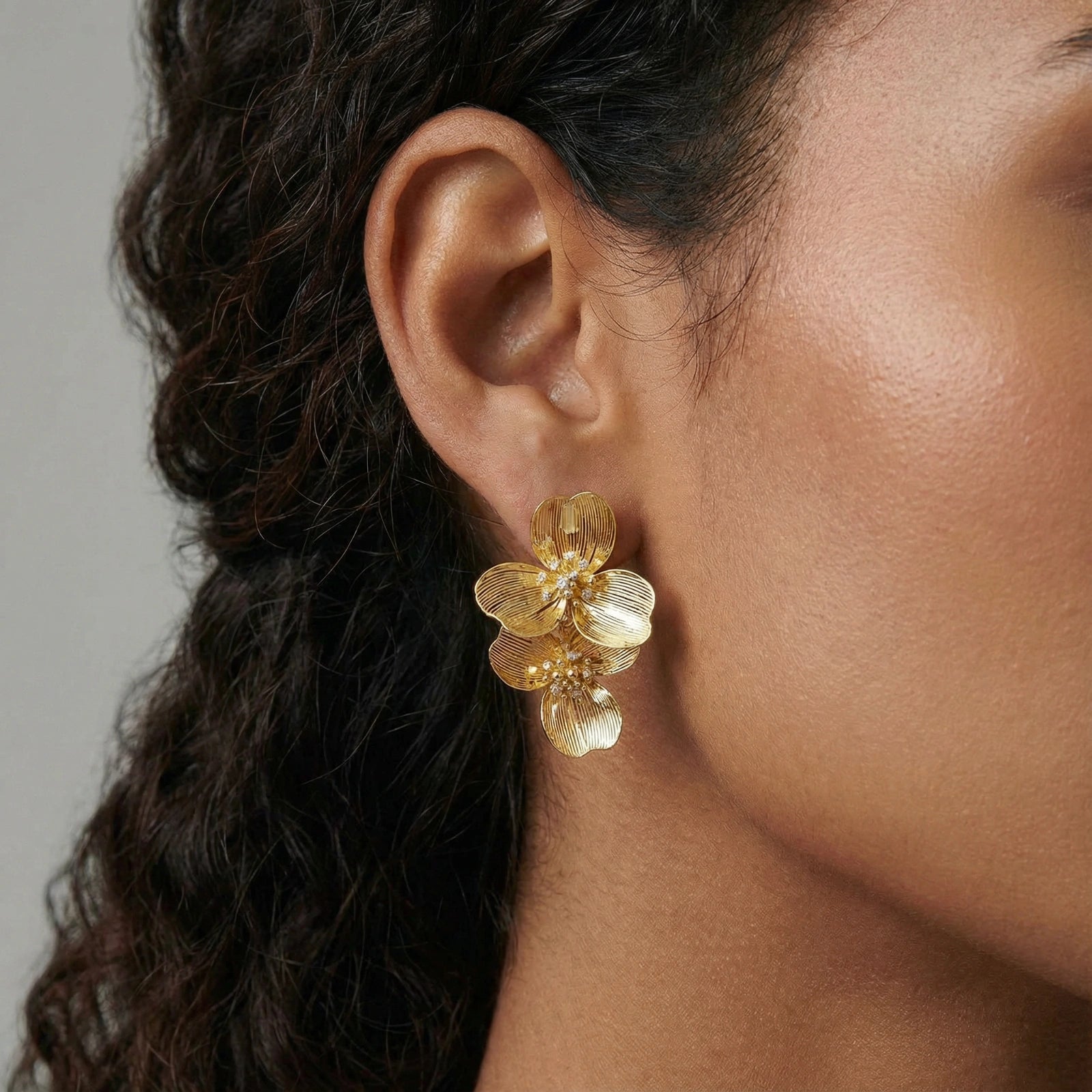 Model wearing Golden Bloom Double Earrings
