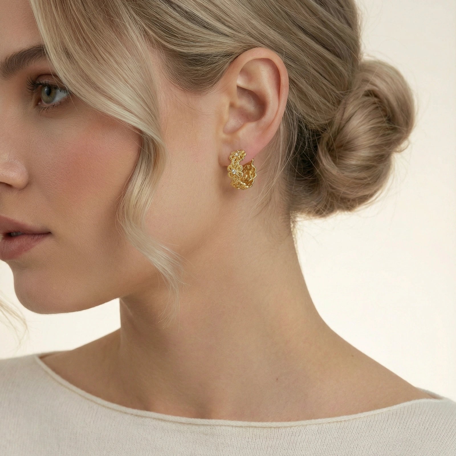 Model wearing Bloom Filigree Hoops