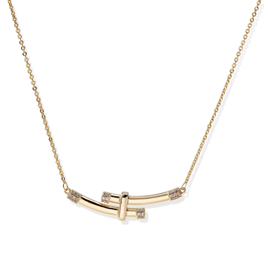 Model wearing Bamboo Crystal Arc Necklace