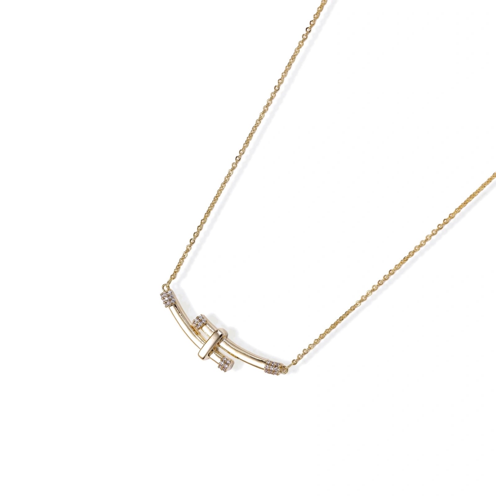 Model wearing Bamboo Crystal Arc Necklace