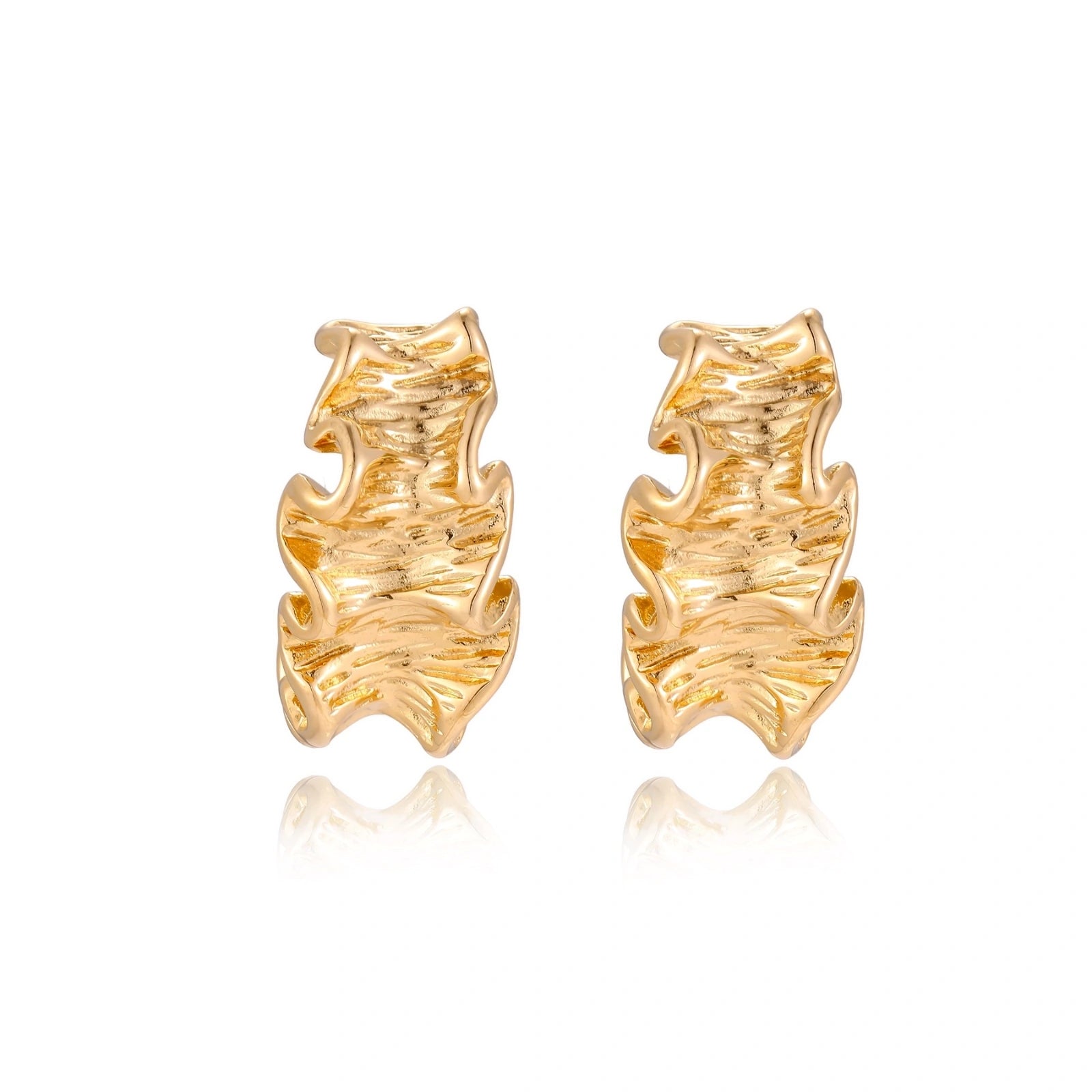 Model wearing Wave Flow Hoop Earrings - Gold Ruffled Texture