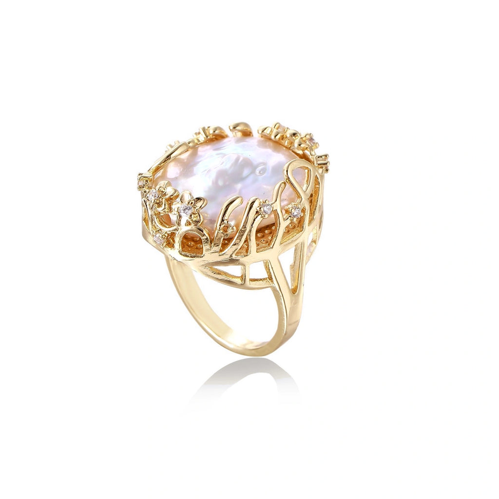 Baroque Pearl Crown Ring - Garden Crown Glow side view with open crown setting