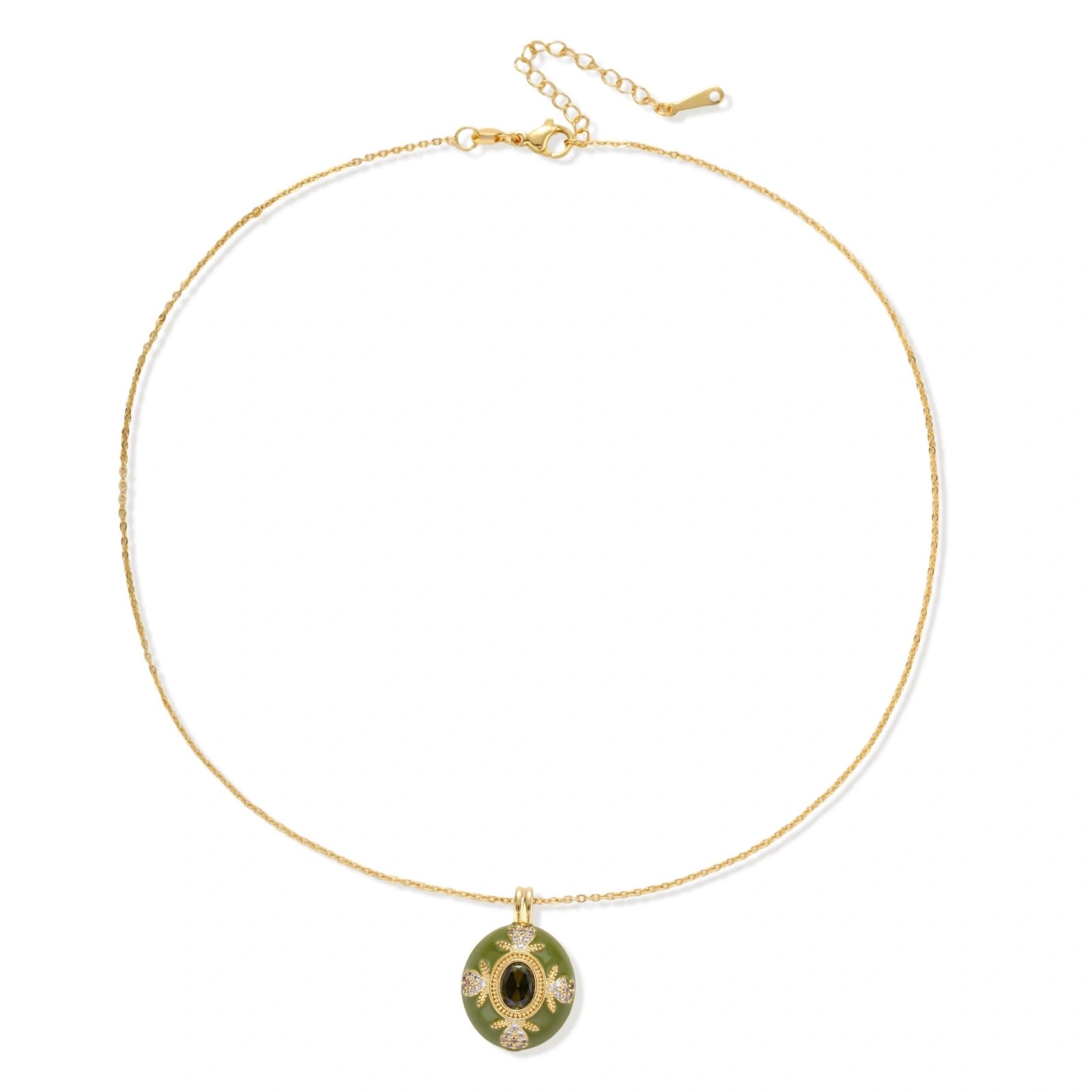 Minimalist view of the emerald empress pendant on a fine gold chain