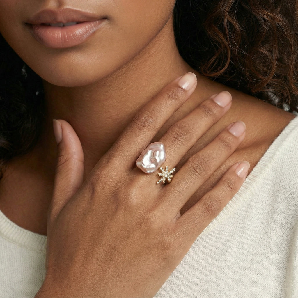 Starlit Pearl Dreams Ring worn on the hand