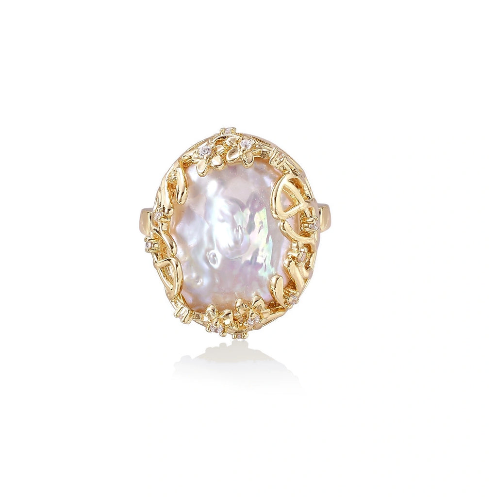 Baroque Pearl Crown Ring - Garden Crown Glow front view with baroque freshwater pearl
