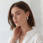 Model wearing Luna Pearl Arc Necklace