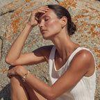 Model showing the tiger's eye pearl bracelet from behind