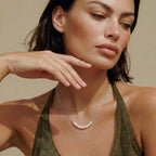 Model wearing Luna Pearl Arc Necklace