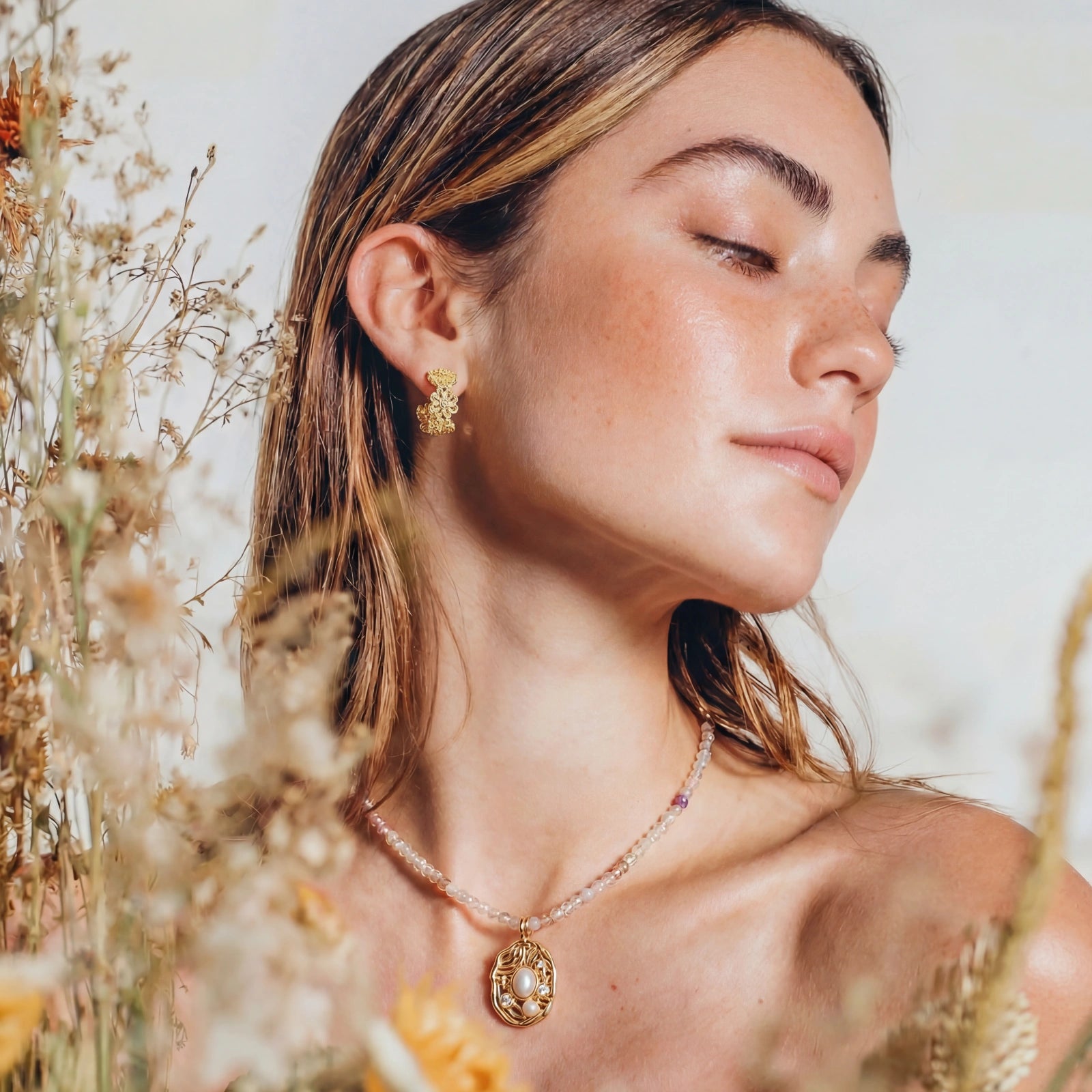 Model wearing Bloom Filigree Hoops