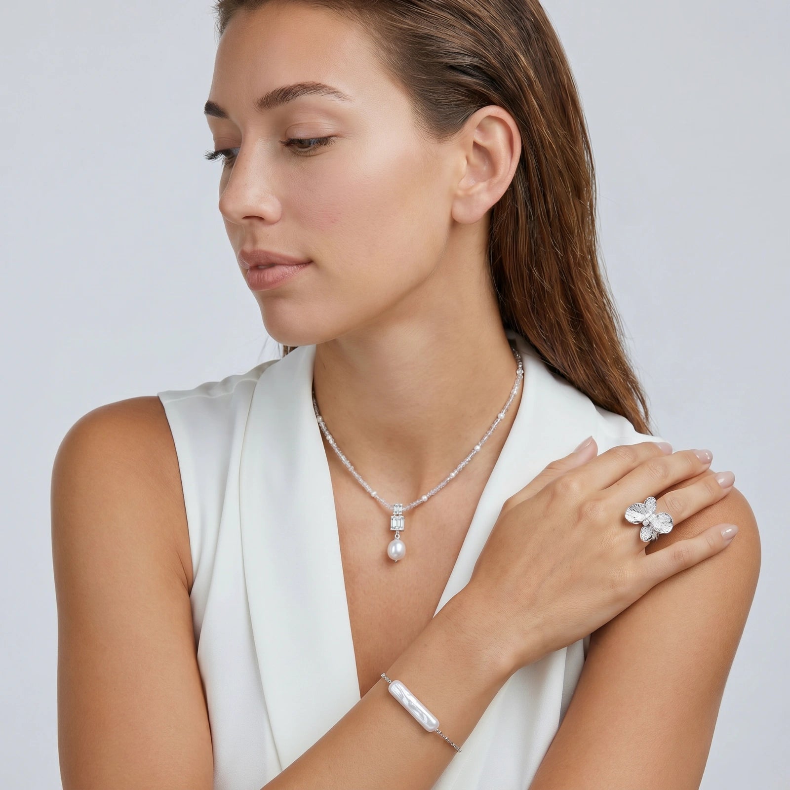 Model wearing Lavender Dreams Pearl Necklace