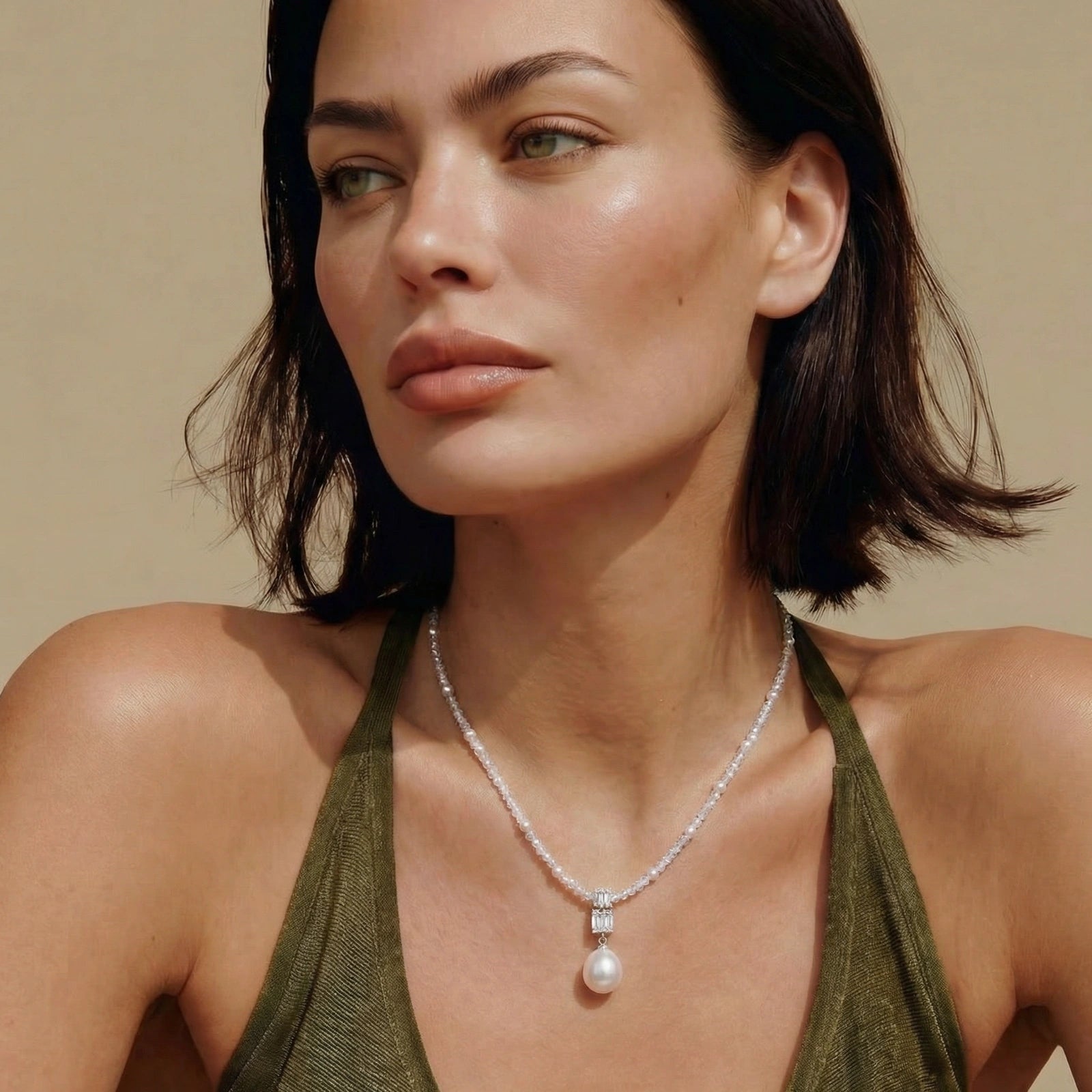 Model wearing Lavender Dreams Pearl Necklace