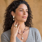 Model wearing Baroque Pearl Crown Ring - Garden Crown Glow in statement pearl styling