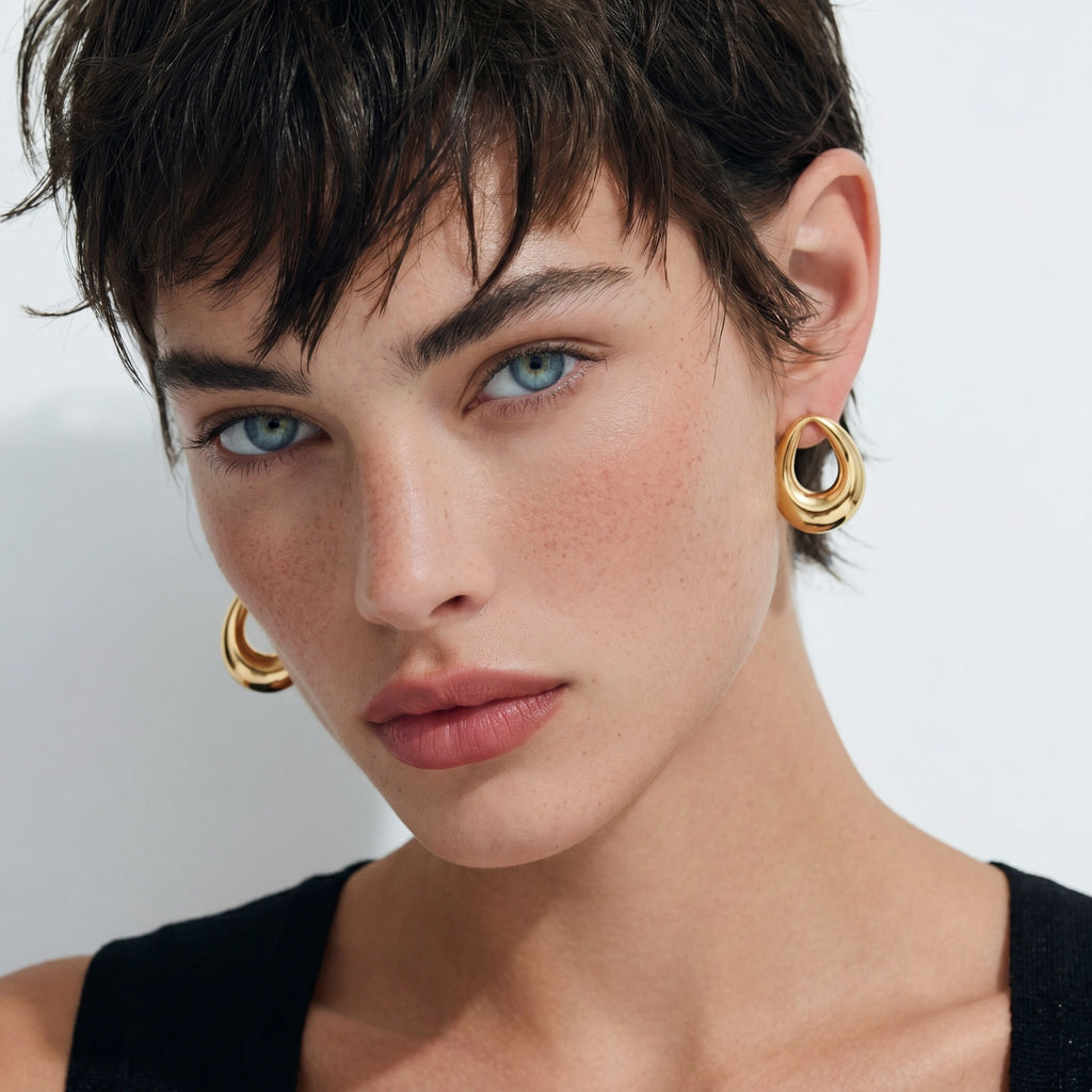 Model wearing Golden Loop Studs
