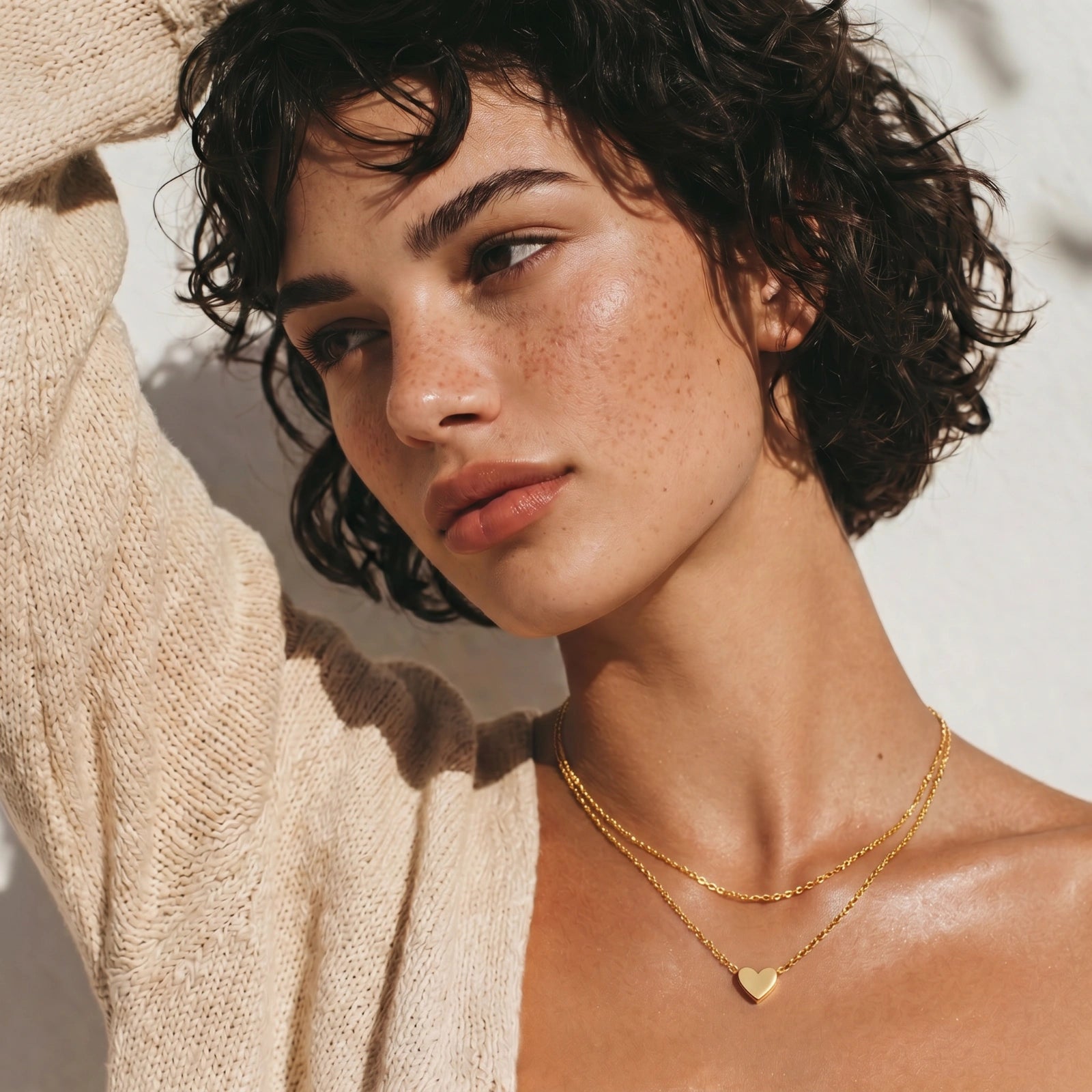 Model wearing Layered Heart Necklace