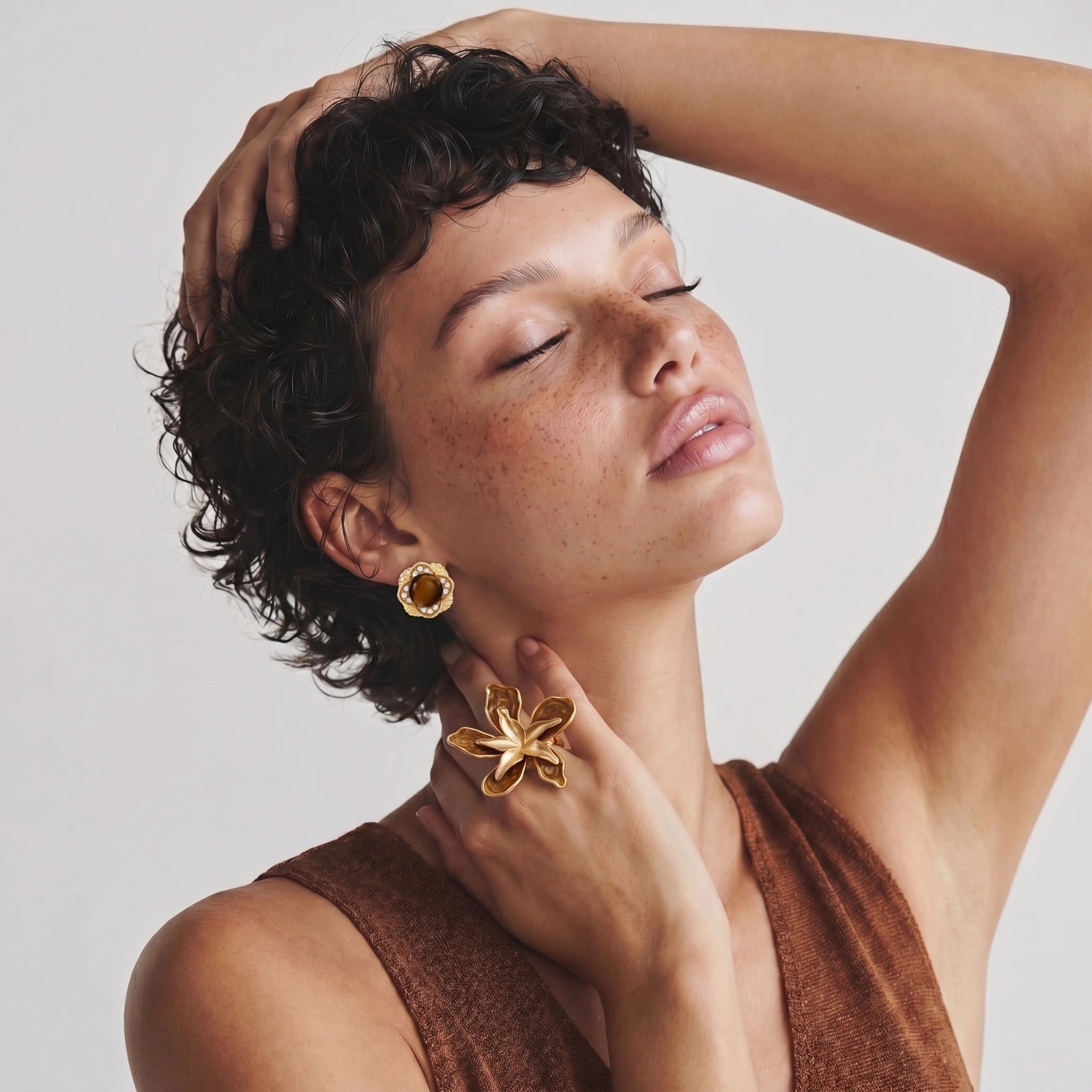 Model wearing Golden Empress Tiger's Eye Studs