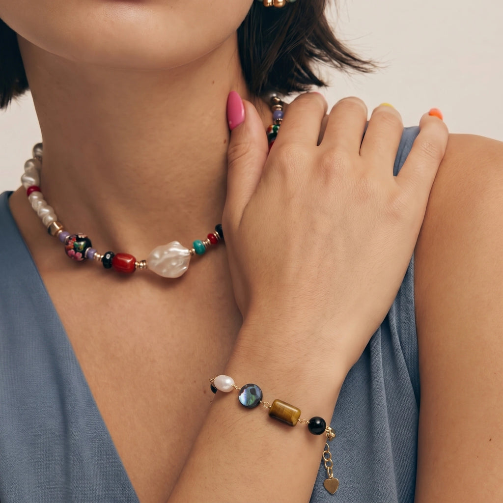 Woman wearing the earth elements bracelet on her wrist