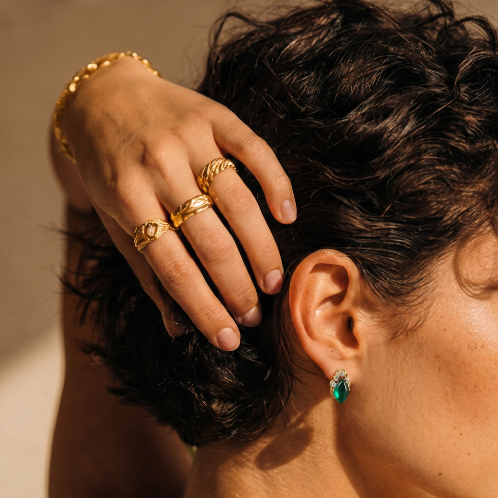 Model wearing Emerald Mystique Studs