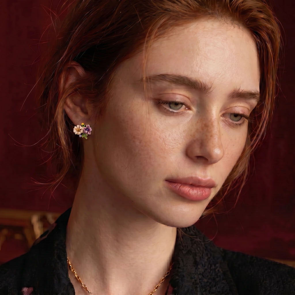 Model wearing Wildflower Garden Stud Earrings - Enamel Floral Design