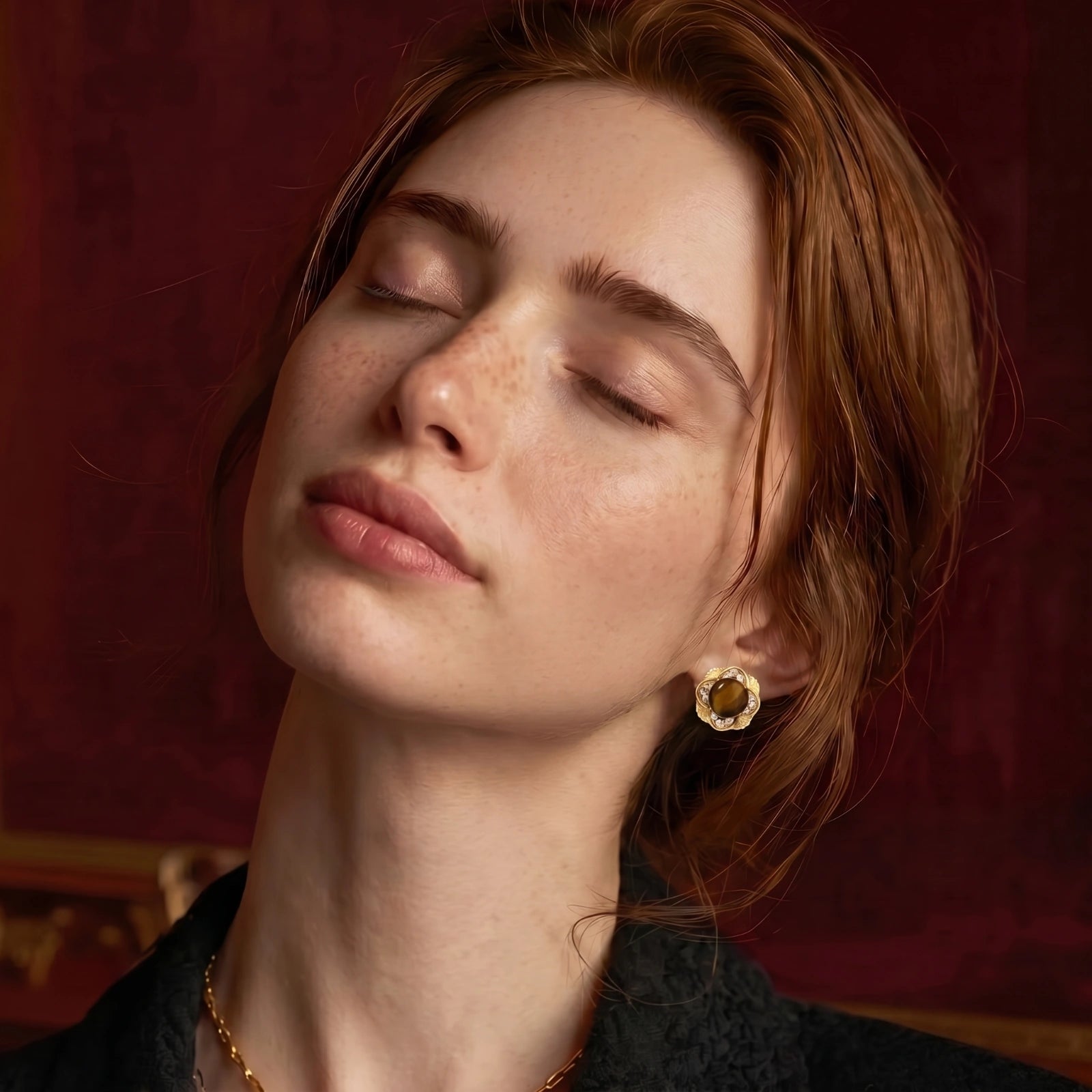 Model wearing Golden Empress Tiger's Eye Studs