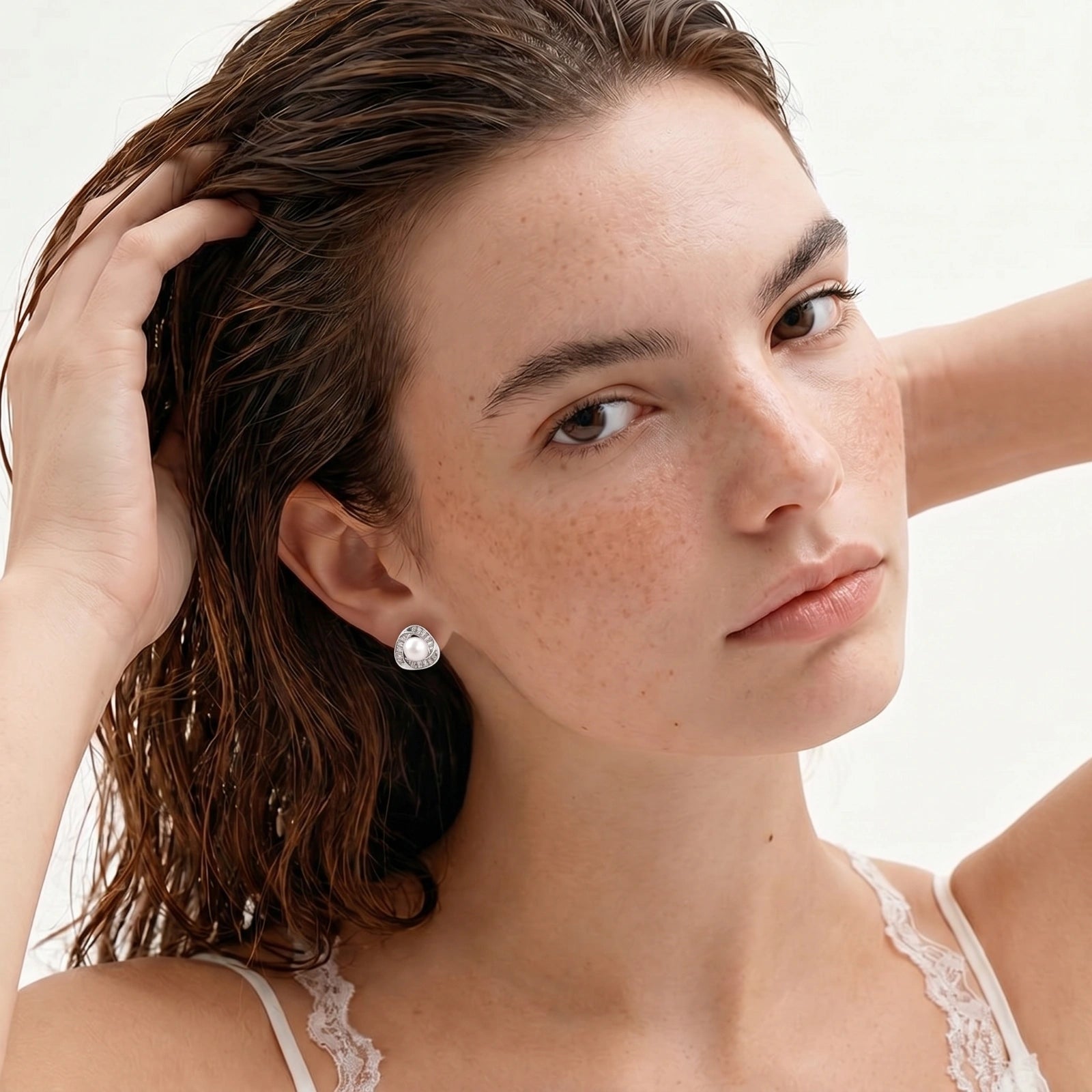 Model wearing Luminous Pearl Triangles